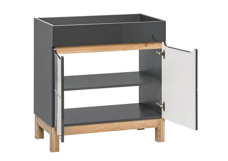 Szafka pod umywalkę Bali 80 cm szary połysk / dąb wotan nowoczesna szafka do łazienki osadzona na stabilnych nogach oryginalny design