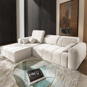 Narożnik z funkcją spania Cetara kremowy lewostronny stylowy design komfortowe przesuwane oparcia regulowane zagłówki