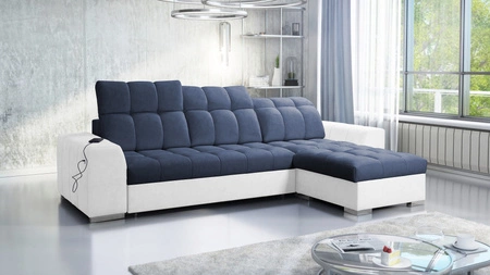 Narożnik z funkcją spania Luigi niebieski / biały prawostronny narożnik z dwoma pojemnikami na pościel tkanina o ciekawej strukturze