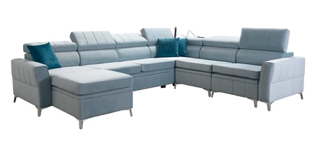 Narożnik z funkcją spania Rava VII żółty lewostronny praktyczny i nowoczesny narożnik do salonu z regulowanymi zagłówkami