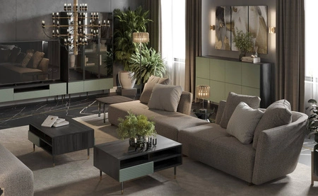 Stolik kawowy Salem czarne drewno / pistacjowa zieleń oryginalny design stolik z szufladami i półkami osadzony na metalowych nogach