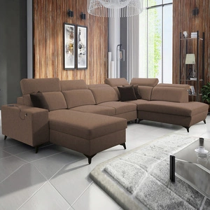 Narożnik z funkcją spania Kelly Sleek VI jasny brąz lewostronny nowoczesny design narożnik do salonu z regulowanymi zagłówkami