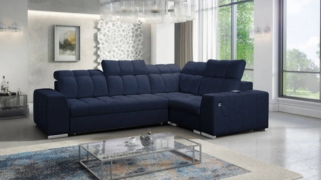 Narożnik z funkcją spania Luigi II granatowy prawostronny komfort podczas codziennego wypoczynku narożnik z pojemnikiem na pościel