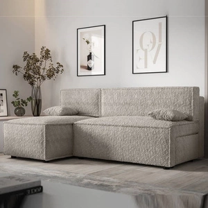 Narożnik z funkcją spania Brandon kremowy lewostronny miękka tkanina o charakterystycznej pętelkowej powierzchni pojemnik na pościel