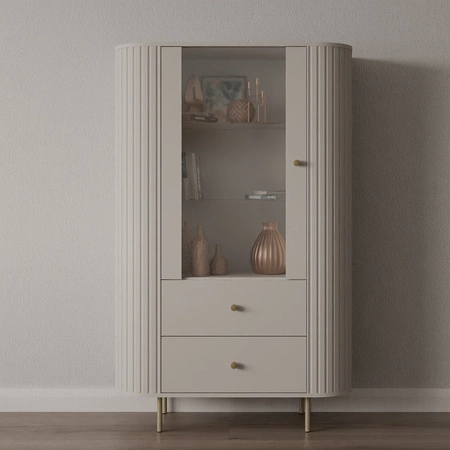 Witryna Ovalio 97 cm beżowa stylowy design bezpieczne szkło hartowane witryna o owalnym kształcie z dekoracyjnymi frezowaniami