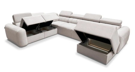 Narożnik z funkcją spania Cantare VIII ceglasty prawostronny gustowny narożnik z regulowanymi zagłówkami pojemniki na pościel