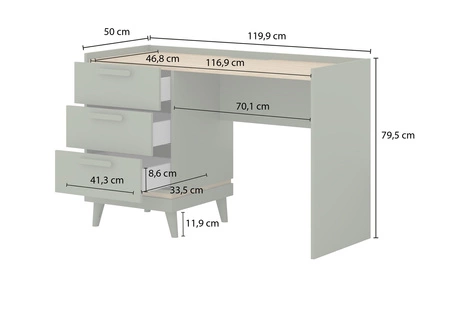 Biurko z szufladami Scandia 120 cm zielone / dąb olejowany stylowe oraz funkcjonalne do gabinetu biura lub pokoju młodzieżowego