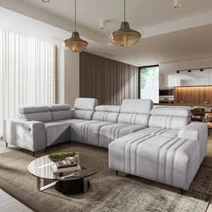 Narożnik z funkcją spania Castel IV szary popiel prawostronny stylowy narożnik z pojemnikami na pościel i regulowanymi zagłówkami