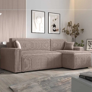 Narożnik z funkcją spania Brandon Bis jasny brąz prawostronny trójwymiarowa tkanina o wyrazistych prążkach pojemnik na pościel