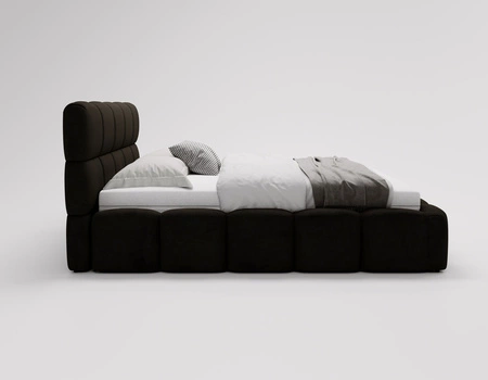 Łóżko tapicerowane Noe 180x200 czarne komfortowe łóżko z pojemnikiem na pościel gustowny zagłówek i zanóżek