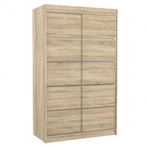 Szafa przesuwna Benisso 120 cm dąb sonoma jasny funkcjonalna szafa do sypialni fronty wykończone poziomymi srebrnymi listwami