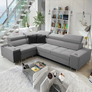 Narożnik z funkcją spania Dafni II szary lewostronny pleciony narożnik z pojemnikiem na pościel szuflada z pełnym wysuwem w boczku