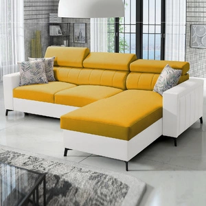 Narożnik z funkcją spania Savona żółty / biały prawostronny elegancki narożnik z regulowanymi zagłówkami dekoracyjne przeszycia