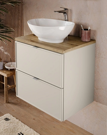 Szafka pod umywalkę Bella 60 cm beżowa klasyczny design szafki z szufladami elegancka frezowana ramka na frontach uchwyt krawędziowy