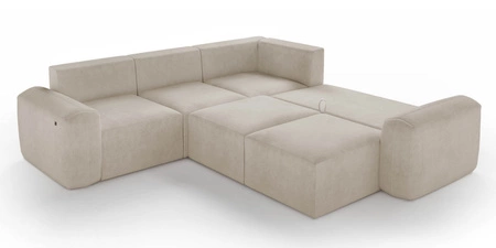 Narożnik z funkcją spania Arbon III beżowy lewostronny wyjątkowo stylowy narożnik z pojemnikiem na pościel unikalny obły kształt