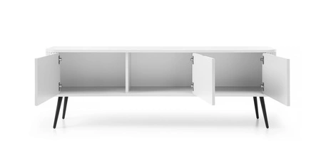 Szafka RTV Zoya 168 cm biała nowoczesny design bryła osadzona na metalowych nogach ryflowany front charakterystyczny owalny kształt