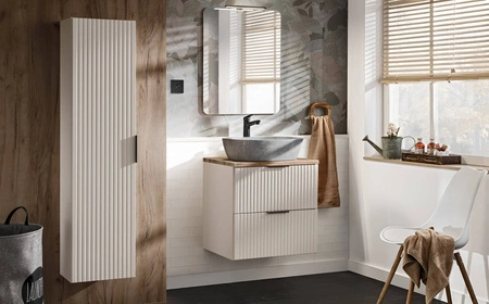 Szafka pod umywalkę Adeel 80 cm beżowa starannie wykonana szafka z szufladami odporna na działanie wilgoci ryflowane fronty