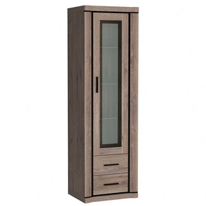 Witryna Dallas 58 cm dąb truflowy / czarny stylowa witryna z szufladami do salonu elementy z bezpiecznego szkła stylowe czarne uchwyty