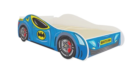 Łóżko Batcar 80x160 cm designerskie łóżko z materacem w kształcie samochodu z ozdobnym nadrukiem wykonane z solidnych materiałów