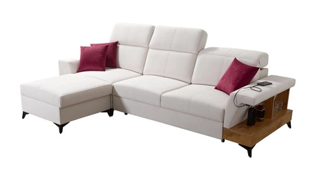 Narożnik z funkcją spania Bresso grafitowy / biały lewostronny narożnik z praktyczną półką w kolorze dąb lancelot regulowane zagłówki