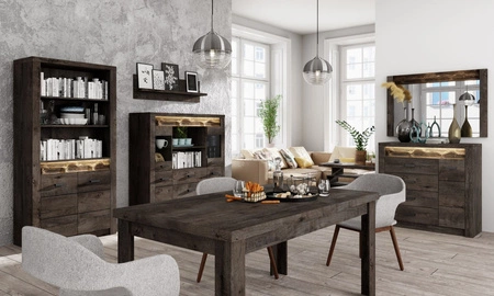 Witryna Indiana 96 cm jesion ciemny stylowa witryna do salonu elementy z bezpiecznego szkła ozdobna deska na froncie witryny