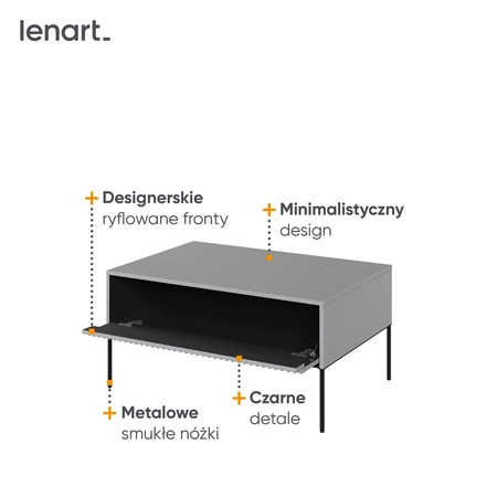 Stolik kawowy Trend szary nowoczesny i elegancki design stolik z charakterystycznym ryflowanym frontem osadzony na metalowych nogach
