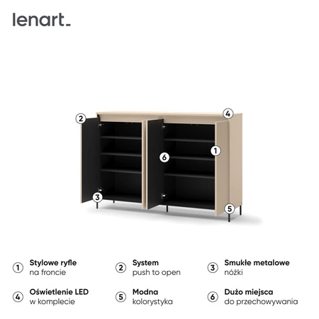 Komoda Trend 152 cm beżowa elegancka komoda z ciekawym ryflowaniem na frontach bryła wsparta na metalowych smukłych nogach