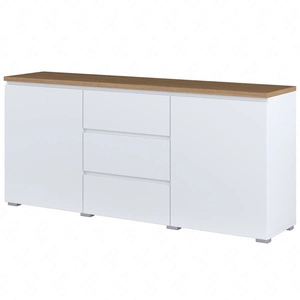 Komoda z szufladami Modo 150 cm biała / dąb mauvella prosta forma w nowoczesnym wydaniu idealna komoda do salonu lub sypialni frezowany uchwyt