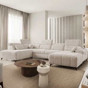 Narożnik z funkcją spania Penejos VI beżowy prawostronny stylowy narożnik rozkładany z dwoma pojemnikami na pościel trwała tkanina