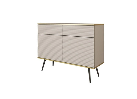 Komoda z szufladami Luxury 107 cm beżowa stylowa komoda z ryflowanymi frontami korpus zwieńczony złotą listwą czarne metalowe nogi