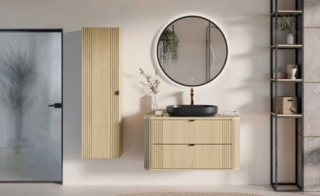 Szafka pod umywalkę Ovalia Cremona 100 cm dąb cremona elegancka szafka do łazienki o zaoblonym kształcie wyraziste pionowe ryflowania