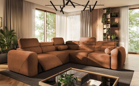 Narożnik z funkcją spania Cantare III Lux ceglasty lewostronny stylowy i komfortowy narożnik do salonu z podnoszonym podnóżkiem