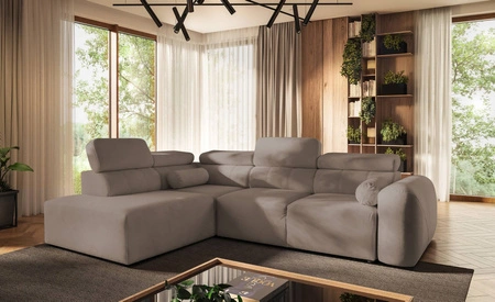 Narożnik z funkcją spania Cantare VII ciemny beż lewostronny narożnik z pojemnikiem na pościel wykonany z trwałej tkaniny typu plusz