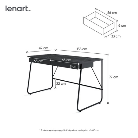 Biurko Match 135 cm czarne idealne biurko z szufladami do domowego biura lub pokoju nastolatka designerska metalowa podstawa