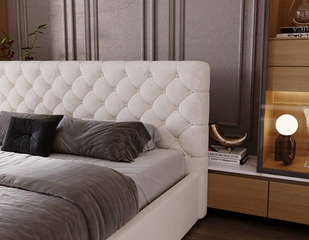 Łóżko tapicerowane Ombo 180x200 beżowe stylowe łóżko z pojemnikiem na pościel wygodny zagłówek zachwyca eleganckim designem