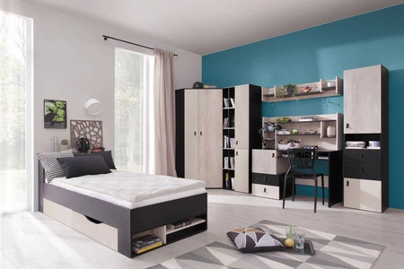 Szafa narożna Niko czarna / dąb / beżowa idealna do pokoju młodzieżowego funkcjonalna i pojemna oryginalna kolorystyka