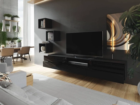 Meblościanka Sarti czarna / czarny połysk stylowy design funkcjonalny kącik multimedialny w niezwykle nowoczesnym stylu