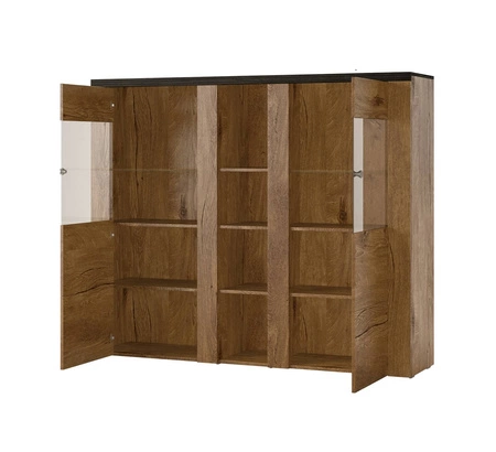 Komoda wysoka Larona 155 cm orzech satin / touchwood nowoczesny design idealna komoda do salonu sypialni lub biura prosta forma szkło hartowane