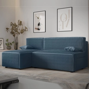 Narożnik z funkcją spania Brandon niebieski lewostronny trójwymiarowa tkanina o wyrazistych prążkach pojemnik na pościel