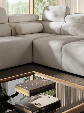 Narożnik z funkcją spania Cantare II Lux ciemny beż lewostronny komfortowy narożnik do salonu z podnoszonym podnóżkiem miękka tkanina