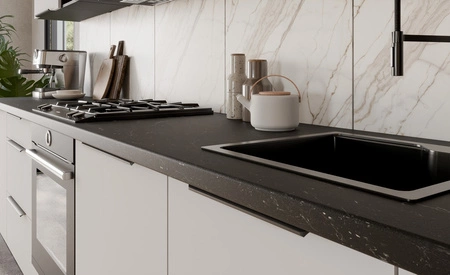 Zestaw mebli kuchennych Corato Bl 390 cm stylowe szafki kuchenne z frontami wykonanymi w technologii anti fingerprint metalowe uchwyty