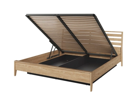 Łóżko Cozy 180x200 cm dąb olejowany wygodne łóżko do sypialni z pojemnikiem na pościel wysoki zagłówek dodaje funkcjonalności