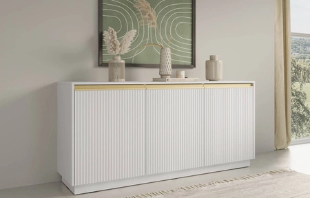 Komoda Imperial 154 cm biała nowoczesny design elegancka komoda z frezowanymi frontami i uchwytami w kolorze szczotkowanego złota