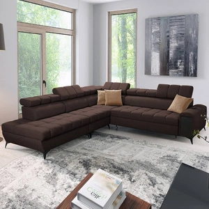 Narożnik z funkcją spania Bolmso IX brązowy lewostronny komfortowy narożnik do salonu z szufladą pojemniki na pościel stylowy design