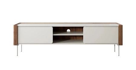 Zestaw mebli Tantuni orzech warmia / beżowy stylowa meblościanka do salonu z zaokrąglonymi krawędziami frontów modna kolorystyka