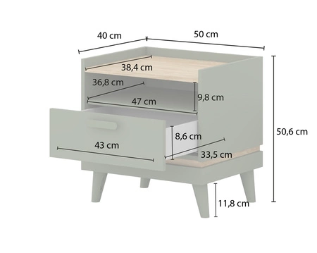 Zestaw mebli do sypialni Scandia zielony / dąb olejowany eleganckie i uniwersalne meble na wysokich nogach do sypialni pojemne szuflady