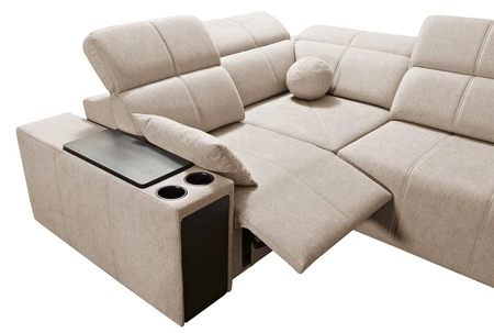 Narożnik z funkcją spania Tesalia IV Lux beżowy prawostronny stylowy narożnik z wysuwanym podnóżkiem oraz funkcją przesuwanego oparcia