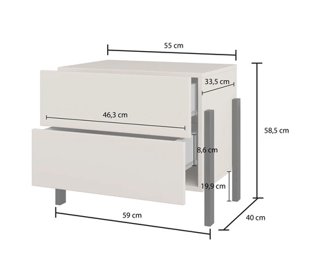 Szafka nocna Jukon S 55 cm beżowa z szufladami elegancka forma mebla w nowoczesnym stylu system otwierania push to open metalowe czarne nogi