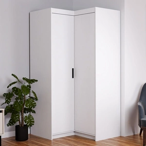 Szafa narożna Rene biała nowoczesny design obrzeża wykończone ABS fronty szafy do sypialni o matowym wykończeniu czarne uchwyty