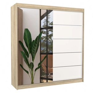 Szafa przesuwna z lustrem Oliver 200 cm dąb sonoma jasny / biały pojemna szafa z ozdobnymi listwami ergonomiczny układ wnętrza